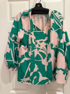 Jade Green and Light Pink Floral Tie-Neck Blouse